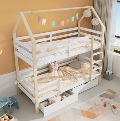 MEUNIQ kinder stapelbed in huisvorm 90x200 cm met lattenbodem, 2 opberglades en veiligheidshekken, zonder matras, voor kinderkamer, wit en eiken