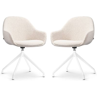 Nolon Nola-Mae Eetkamerstoelen Set van 2 Bouclé Beige - Draaibaar - met Armleuning - Stof - Wit Onderstel - Design - Comfortabel