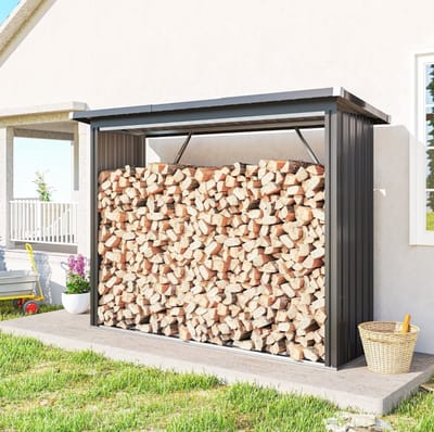 MEUNIQ houtopslag van staal 213 x 66,5 x 150 cm met schuin dak en verhoogde bodem, buitenopslag voor brandhout, tuingereedschap of afvalbak, grijs