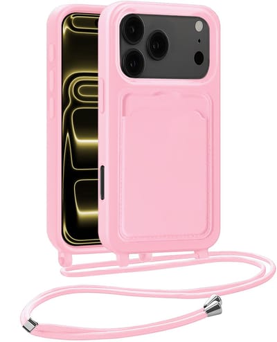Hoesje Geschikt voor iPhone 17 Pro Telefoonhoesje Met Koord Case Pashouder Siliconen - Hoes Geschikt voor iPhone 17 Pro Hoesje Met Kaarthouder - Lichtroze