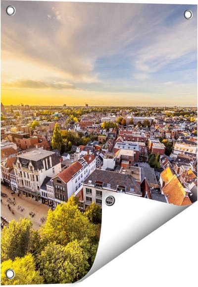 Gards Tuinposter Groningen Skyline Stad bij Zonsondergang - 40x50 cm - Tuindoek - Tuindecoratie - Wanddecoratie buiten - Tuinschilderij