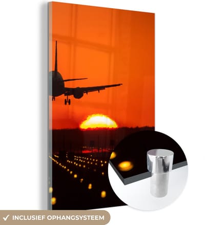 MuchoWow® Glasschilderij 120x180 cm - Schilderij acrylglas - Zonsondergang - Vliegtuig - Oranje - Zon - Foto op glas - Schilderijen