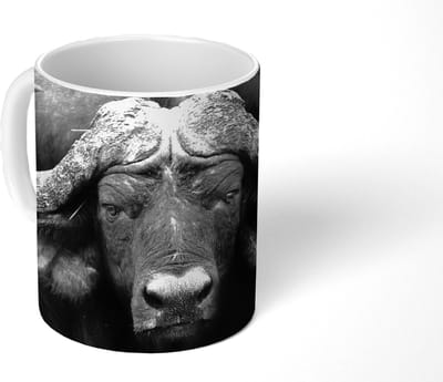 Mok - Koffiemok - Dieren - Buffalo - Zwart - Wit - Portret - Mokken - 350 ML - Beker - Koffiemokken - Theemok