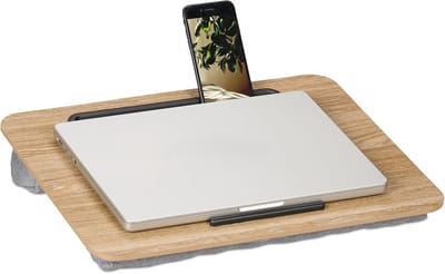 Famanu - Laptopkussen met telefoonhouder – 42x32 cm – schootkussen voor laptop, bed & bank – natuur/grijs