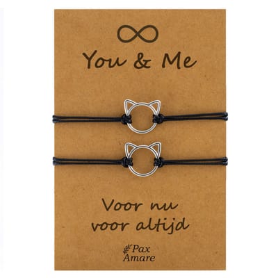 Vriendschapsarmbandjes voor 2 "You & Me" - Schattig Katje - BFF Armbandjes met Cadeau Kaartje - Zwart & Zilverkleurig - Kat / Poesje Armband - Pax Amare