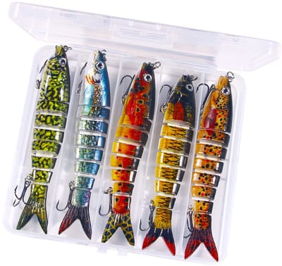 Kunstaas set - 5 Stuks - Kunstaas set met opbergdoos - Pluggen met haak - Kunstaas - Rubberen vis - Visaas - Zacht Kunstaas - Alle type roofvis - Visspullen - Voor snoek, baars, snoekbaars, vissen