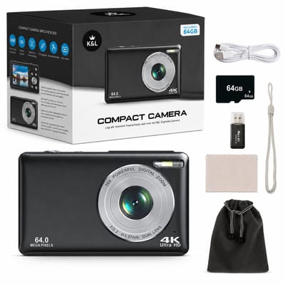 K&L Digitale Camera - 4K Ultra HD & 64MP - 64GB - Fotocamera - Inc. Selfiecamera - Vlog Camera voor Kinderen en Volwassenen - Compact Camera - Foto & Video - Dual Lens - 16x Zoom