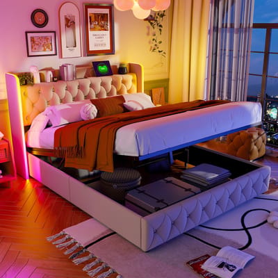 Opbergbed 140x200 cm Beige Fluweel met LED & USB, Hydraulisch Tweepersoonsbed met Lattenbodem, Functioneel Bed