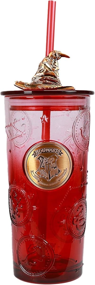 Harry Potter glazen beker met deksel en rietje - magisch cadeau.