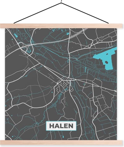 Posterhanger incl. Poster 40x40 cm - Schoolplaat - Plattegrond – Halen – Blauw – Stadskaart - Kaart - Textielposter - Blanke latten - Stadskaart