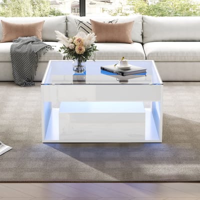 Salontafel - 70 x 70 x 35 cm - Met 2 Laden en LED - Gehard Glas - Hoogglans - Wit