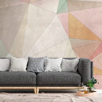 Fotobehang Profhome 382861-GU vliesbehang hardvinyl warmdruk in reliëf glad met geometrische vormen mat beige roze geel groen 3,71 m x 2,8 m