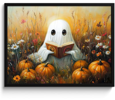 Poster in lijst - Fotolijst 70x50 cm - Posters - Halloween - Spook - Herfst - Pompoen - Bloemen - Natuur - Posterlijst zwart - Decoratie - Wanddecoratie woonkamer - Muurdecoratie slaapkamer