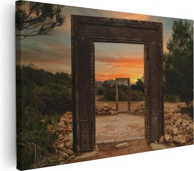 Artaza Canvas Schilderij Deuropening - 60x40 cm - Wanddecoratie Zonsondergang - Muurdecoratie Griekenland - Schilderijen Op Canvas Landschap