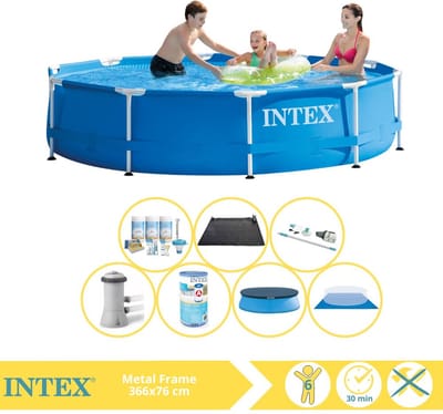 Intex Rond Frame Zwembad - 366 x 76 cm - Blauw - Inclusief Pomp - Afdekzeil - Onderhoudspakket - Filter - Grondzeil - Stofzuiger - Solar Mat - 8-delig