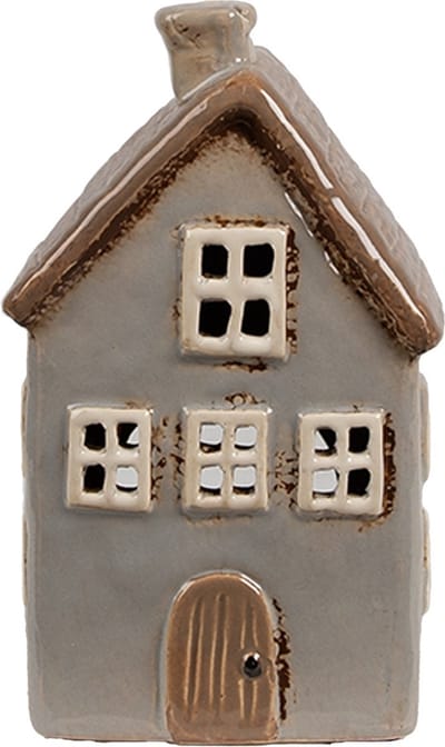 Clayre & Eef Waxinelichthouder Huis 9x9x16 cm Grijs Bruin Keramiek