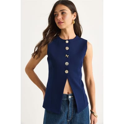 Aansluitende Mouwloze Blazer met Knopen en Ronde Hals