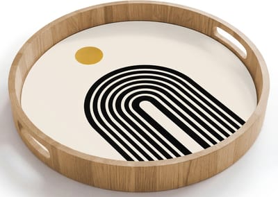 Dienblad rond 40x40 cm - Schootdienblad hout - Minimalistisch - Zwarte boog - Gouden cirkel - Borrelplank rechthoek - Plateau houten dienbladen