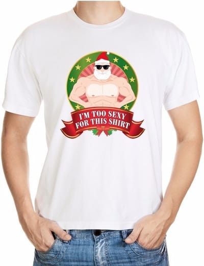 Foute kerst shirt wit - Gespierde Kerstman - Im too sexy for this shirt - voor heren S