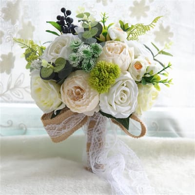 Bruidsboeket - Kunstbloemen Decoratie - Bruiloft Versieren - Handgemaakt Ontwerp - 31 cm Hoog - Wit