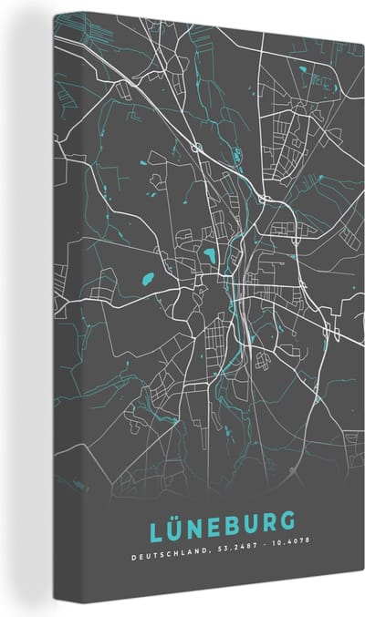 Canvas Schilderij Blauw – Duitsland – Plattegrond – Stadskaart – Kaart – Lüneburg - 20x30 cm - Wanddecoratie