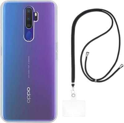 Set met hoesje en nekband voor oppo reno a5 2020 / a9 2020 - Flexibele, transparante TPU-bescherming, verstelbare universele nekband voor mobiele telefoons, zwarte nekband, transparante draagriem van Phonillico®