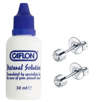 Caflon piercing set steriel verpakte oorknopjes zilverkleurig met naturel steen en 1 flesje desinfectie lotion 30ml