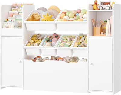 Kinderboekenkast met Opbergruimte, Speelgoedopslag en 7 Opbergdozen - Wit, 138 x 30 x 94 cm, Ideaal voor Kinderkamers en Speelruimtes