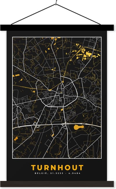 Posterhanger incl. Poster 40x60 cm - Schoolplaat - Stadskaart - Turnhout - Plattegrond - Goud - Kaart - Textielposter - Zwarte latten - Stadskaart