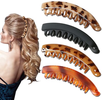 4 stuks haarspeldjes - voor vrouwen met dun tot dik haar - haarspeldjes voor vrouwen en meisjes - antislip bananenhaarspeldjes (koffie-amber, crème-amber, glanzend zwart en mat schildpad)