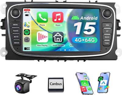 ESSGOO Autoradio Geschikt voor Ford Focus, S-Max, Mondeo, Galaxy, C-Max & Kuga - Android 15 - 4+64GB - 7 Inch HD Touchscreen - Apple Carplay & Android Auto - Bluetooth, USB, Wifi & MP5 - Navigatiesysteem - Achteruitrijcamera