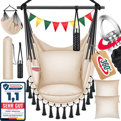 KESSER® Hangstoel Safari XXL met 2 kussens, drankhouder & boekenrek voor Binnen en Buiten tot 150 kg - Beige