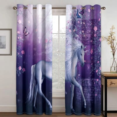 Boheemse stijl psychedelische eenhoorn paard 3D dunne schaduw polyester semi zonnescherm gordijn voor slaapkamer woonkamer haak decor W50xH130(CM)x2PCS-Grommet Top