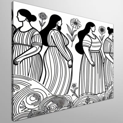 Line art dikke dames schilderij | Dikke lijnen dansen met vrolijke vrouwen in kleurrijk kunstwerk | Kunst - 30x30 centimeter op Canvas | Foto op Canvas