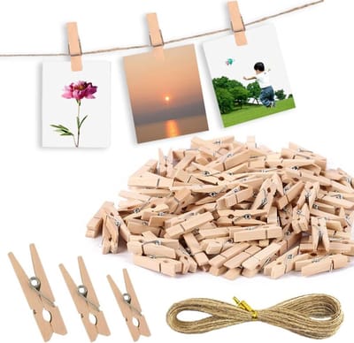Mini Houten Haringen Set van 150 Stuks - Natuurlijke Decoratieve Clips met Jute String voor Ansichtkaarten, Collages en Ambachten.