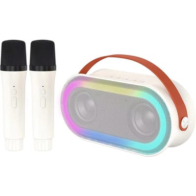 Mini-karaokemachine met 2 draadloze microfoons Draagbare BT-luidspreker Oplaadbare 10W HiFi LED wit