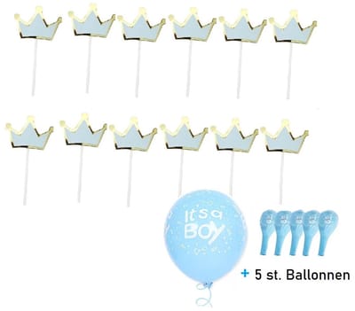 Gebak versiering Blauw -YOUHOMY versiering meisje- 12 stuks Boy prikkers+ 5 stuks blauwe ballonnnen- cupcake prikker jongen - Verjaardagversiering Kroontje, Verjaardag cup cake topper - babyshower