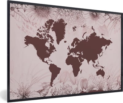 Poster in lijst - Fotolijst 90x60 cm - Posters - Wereldkaart - Bloemen - Paars - Posterlijst zwart - Decoratie - Wanddecoratie woonkamer - Muurdecoratie slaapkamer