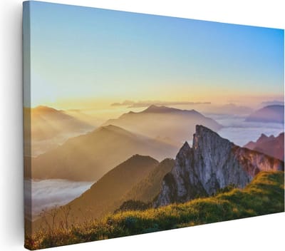 Artaza Canvas Schilderij Landschap - 30x20 cm - Klein - Wanddecoratie Natuur - Muurdecoratie Zon - Kamer Accessoires Bergen