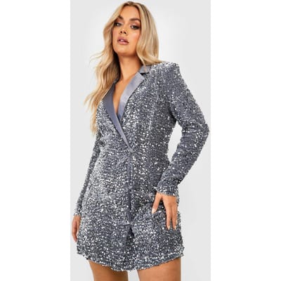 boohoo Dames Plus Velvet Sequin Wrap Blazerjurk | Zilver | Maat: 54