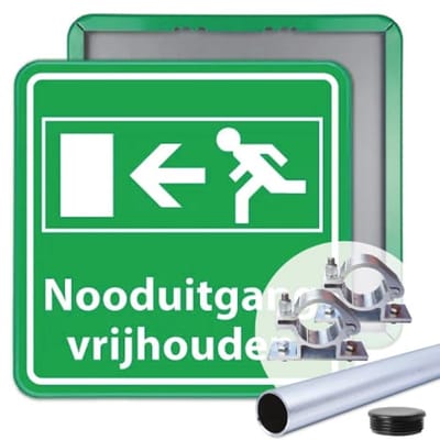 Nooduitgang vrijhouden bord 40x40 cm - Bevestiging: Met paal 150 cm + paalbeugels + paaldop