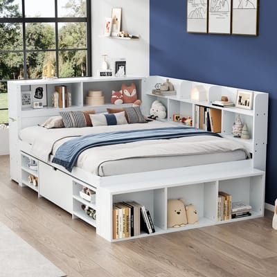 MODENUIT Kinderbed 140x200 cm – Met lades, boekenkast en opbergkasten – Lattenbodem – Zonder matras – Multiplex – Wit