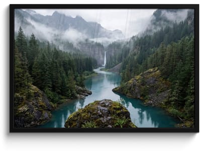 Poster in lijst - Fotolijst 90x60 cm - Posters - Waterval - Bomen - Bergen - Posterlijst zwart - Decoratie - Wanddecoratie woonkamer - Muurdecoratie slaapkamer