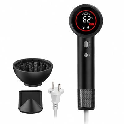 Snelle haardroger zonder bladen - 1600 W - digitaal display - diepzwart met diffusorkap