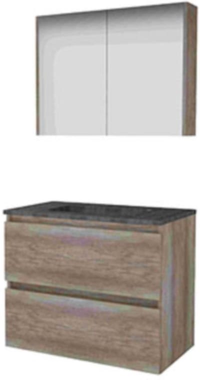 Basic-Line Comfort 46 Badkamermeubelset - 80 x 46 cm - Greeploos - 2 Lades - Hardstenen Wastafel - Zonder Kraangat - Spiegelkast - Scotch Oak