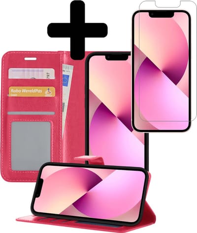 Hoesje - Met Screenprotector - Geschikt voor Apple iPhone 13 - Luxe Pasjeshouder - Bookcase Portemonee - Flip Case - Kunstleer Book Case - Flipcase - Book Cover - Walletcase - Portemonneehoes - Telefoonhoesjes - Donkerroze