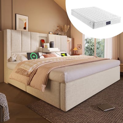 BLACKCOLORS Gestoffeerd bed 140 x 200 cm, tweepersoonsbed met verborgen bekerhouder en oplaadstation, hydraulisch bed met opbergruimte onder het bed, inclusief lattenbodem, beige linnen (met matras)