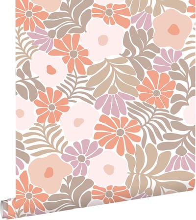 ESTAhome behang bloemen in Matisse stijl oranje, paars en licht roze - 50 x 900 cm - 131003