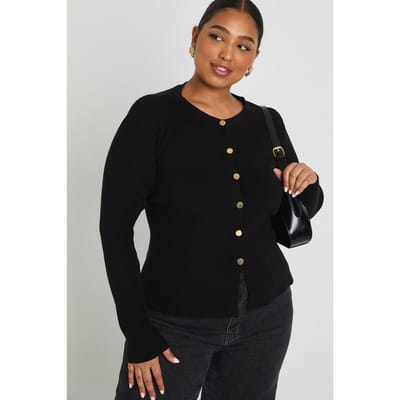 boohoo Dames Plus Gouden Knoop Rondhals Peplum Cardigan | Black | Maat: 20-22