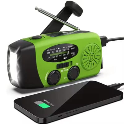 PolkaHome noodradio solar opwindbaar zonne-energie noodradio met zwengel, USB-oplaadfunctie voor mobiele telefoons, AM/FM weerradio voor thuis en camping, dynamo zaklamp, SOS-alarm, draagbaar en oplaadbaar.